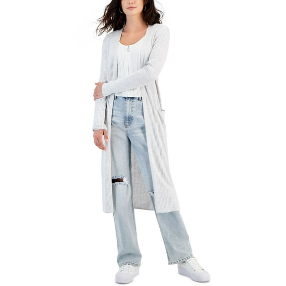 Juniors' Ribbed Duster Cardigan White Heather Grey XS
