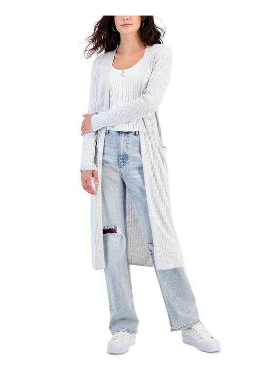 Juniors' Ribbed Duster Cardigan White Heather Grey XS