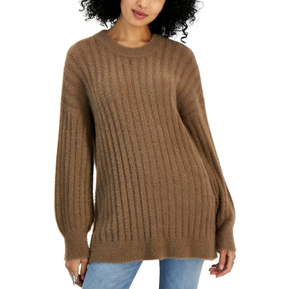 Juniors' Ribbed-Knit Eyelash Tunic Sweater Coco Ash M
