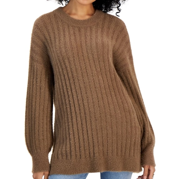 Hippie Rose Womens Ribbed-Knit Eyelash Pullover Sweater, Brown, Juniors, Small