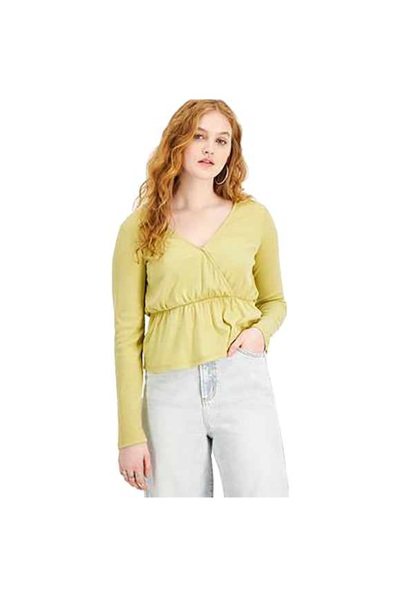 Juniors' Ribbed Peplum-Hem Top Winter Moss S
