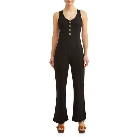 Juniors' Ribknit Button Front Sleeveless Wide Leg Jumpsuit