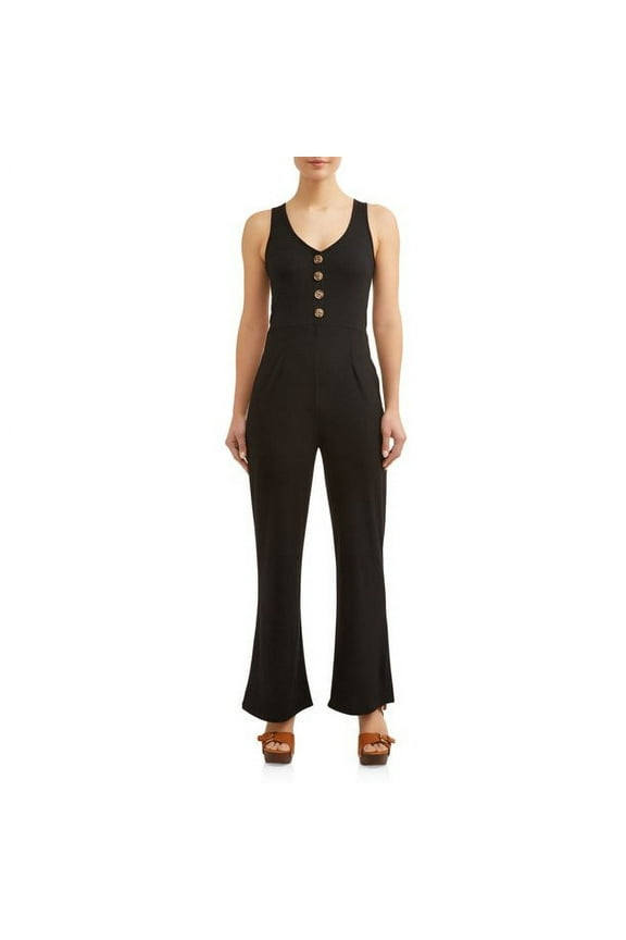 Juniors' Ribknit Button Front Sleeveless Wide Leg Jumpsuit
