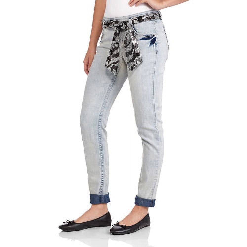 Juniors' Rolled Cuff Boyfriend Jeans with Sequin Belt - image 1 of 1