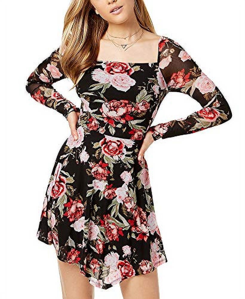 Juniors' Rose-Print Mesh Fit & Flare Dress Caviar Black Combo L