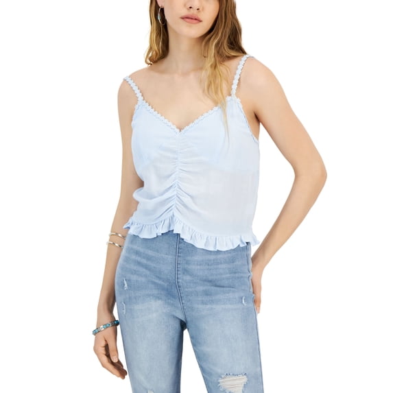 Juniors' Ruched-Front Ruffled Top Breeze Blue M