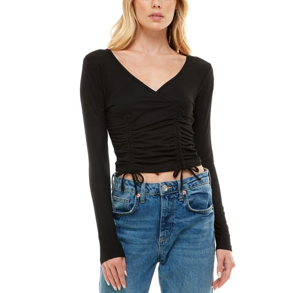 Juniors' Ruched Ribbed Drawstring Top Black XL