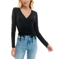 thumbnail image 1 of Juniors' Ruched Ribbed Drawstring Top Black XS, 1 of 1