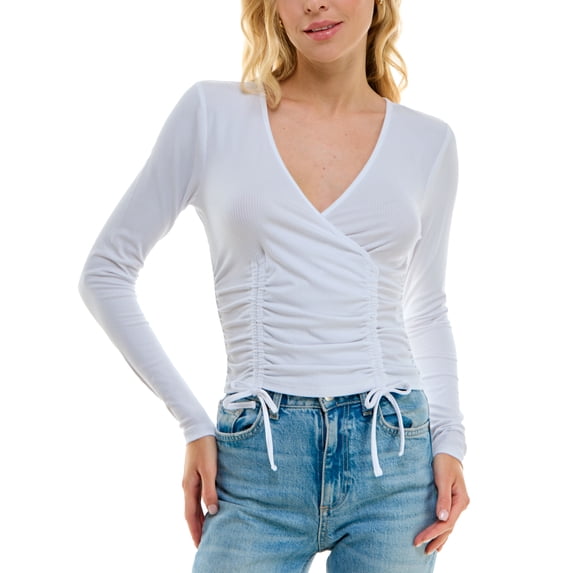 Juniors' Ruched Ribbed Drawstring Top White M