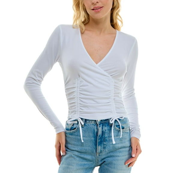 Ultra Flirt Womens Ruched Ribbed Drawstring Pullover Blouse, White, Juniors, X-Large