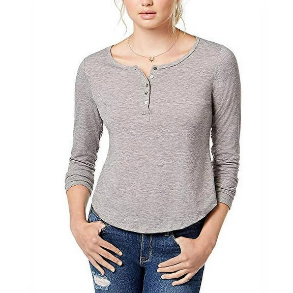 Juniors' Ruffled Cutout Henley Heather Grey L