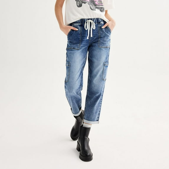 Juniors' SO® High-Rise Pull-On Straight Jeans Color: Medium Dark Acid Size: M LONG
