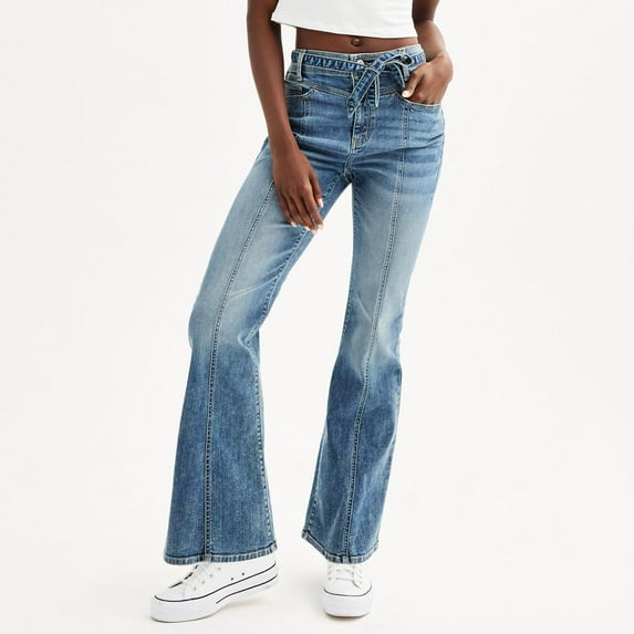 Juniors' SO® High Rise Yoke Front Flare Jeans Color: Medium Dark Size: 9