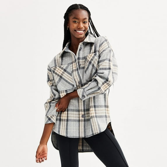 Juniors' SO® Plaid Oversized Button-Up Shacket Color: Grey Plaid Size: LARGE