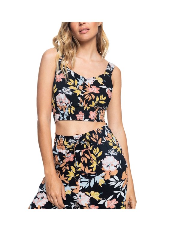 Juniors' Sea Fog Printed Crop Top Anthracite Island Vibes S