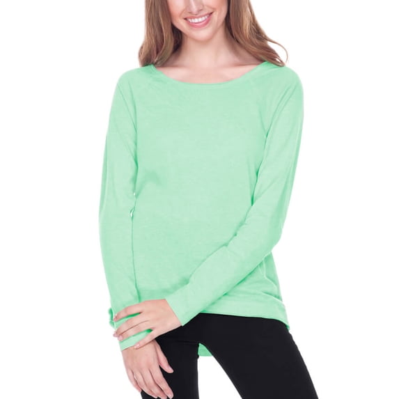 Kavio! Juniors Sheer Jersey Raw Edge Scoop Neck High Low Raglan Long Sleeve. Ice Green L
