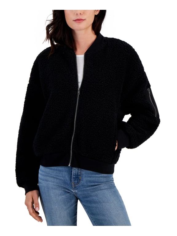 Juniors' Sherpa Fleece Bomber Jacket Black XS