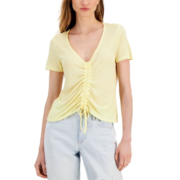 Juniors' Short Sleeve Ruched Center Top Pastel Yellow XS