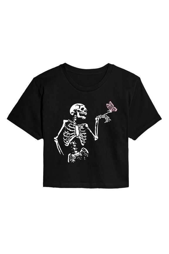 - Skeleton with Butterfly Cropped Graphic T-Shirt