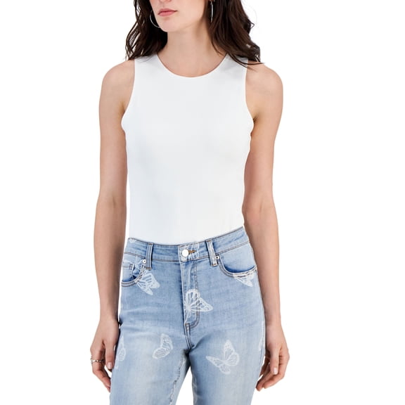 Juniors' Sleeveless Double Layer Crewneck Bodysuit White XL