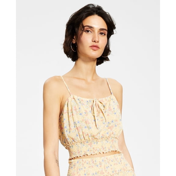 Juniors' Smocked Crop Top Suntan Floral XL
