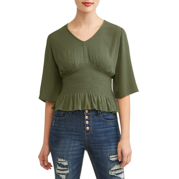 Juniors' Smocked V-Neck Flutter Sleeve Blouse