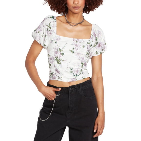 Juniors' So Growmantic Printed Puff-Sleeve Top Star White XS