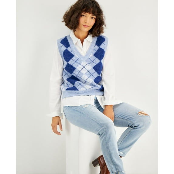 Juniors' Soft Argyle V-neck Sweater Vest Blue Combo S