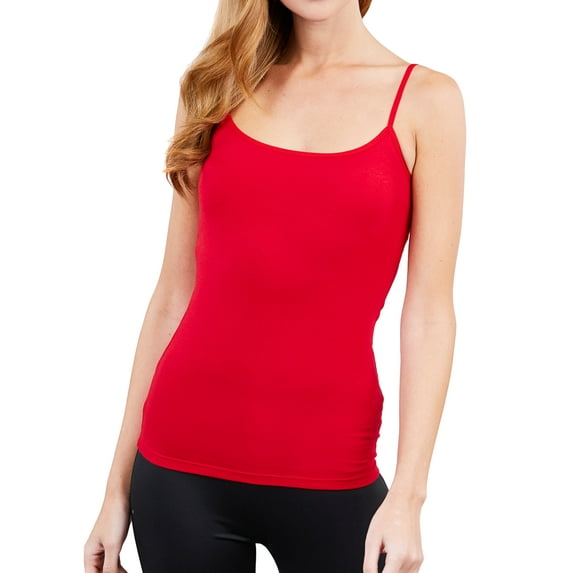 Juniors Solid Plain Adjustable Spaghetti Strap Layering Cropped Camisole Tank Top (Bold Red, L)