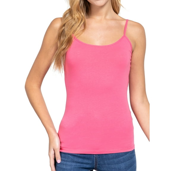 Juniors Solid Plain Adjustable Spaghetti Strap Layering Cropped Camisole Tank Top (Candy Pink, M)