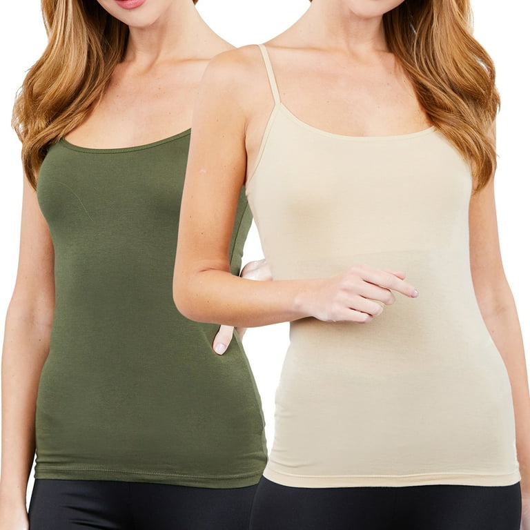 Juniors Solid Plain Adjustable Spaghetti Strap Layering Cropped Camisole  Tank Top (Olive/Taupe, M)