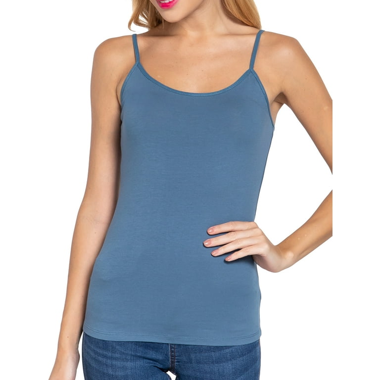 Juniors Solid Plain Adjustable Spaghetti Strap Layering Cropped Camisole  Tank Top (Steel Blue, L) 