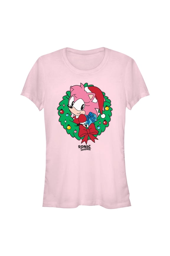 Juniors Sonic the Hedgehog Amy Rose Christmas Wreath T Shirt
