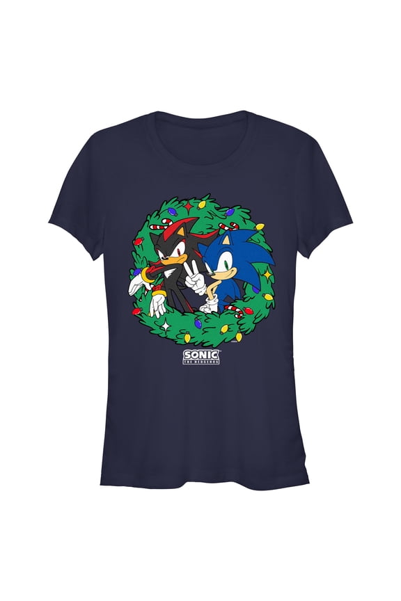 Juniors Sonic the Hedgehog Christmas Wreath Poses T Shirt