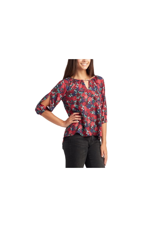 Juniors' Split-Sleeve Floral-Print Top Red Multi Floral XS