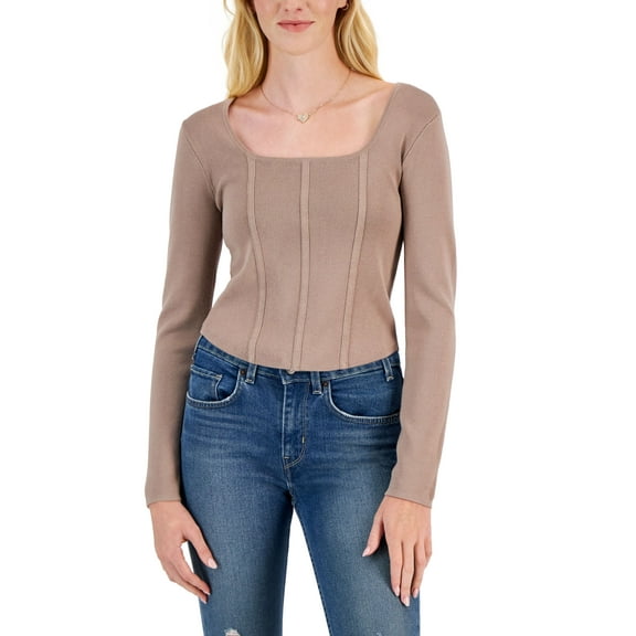 Juniors' Square-Neck Corset Sweater Top Mocha Rose L