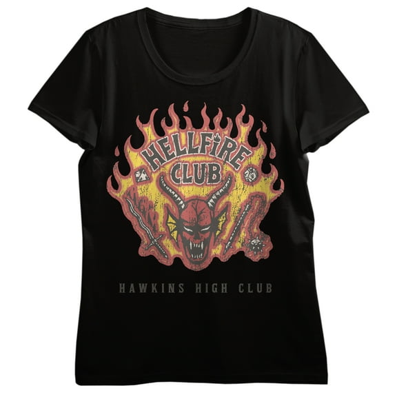 Stranger Things Hellfire Club, Demon with Weapons, Hawkins High Club on Black Short Sleeve Adult T-Shirt-3XL
