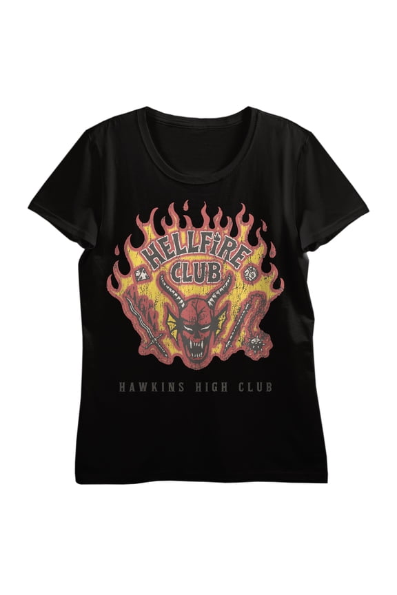 Stranger Things Hellfire Club, Demon with Weapons, Hawkins High Club on Black Short Sleeve Adult T-Shirt-XS