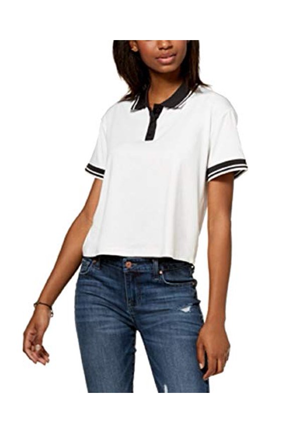 Juniors' Striped Contrast Polo White S