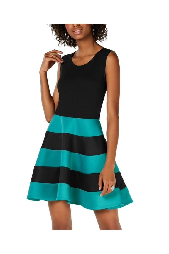 Juniors' Striped Fit & Flare Scuba Dress Blue Black/Turquoise L