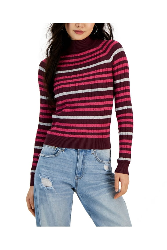 Juniors' Striped Mini-Cable Mock Neck Sweater Brown Plum Combo L