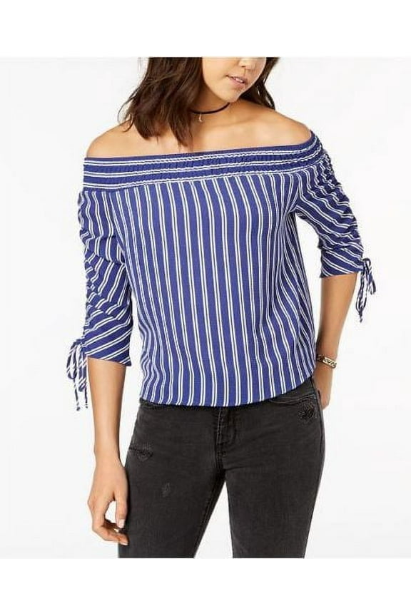 Juniors' Striped Off-The-Shoulder Ruched-Sleeve Top Size S