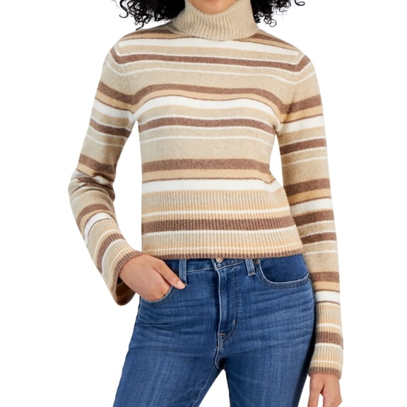 Juniors' Striped Turtleneck Sweater Tan Combo M