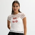 thumbnail image 1 of Juniors' Sugar Moon Short Sleeve Lace Cropped Tee Color: Festival Bloom Pink Size: X LARGE, 1 of 4