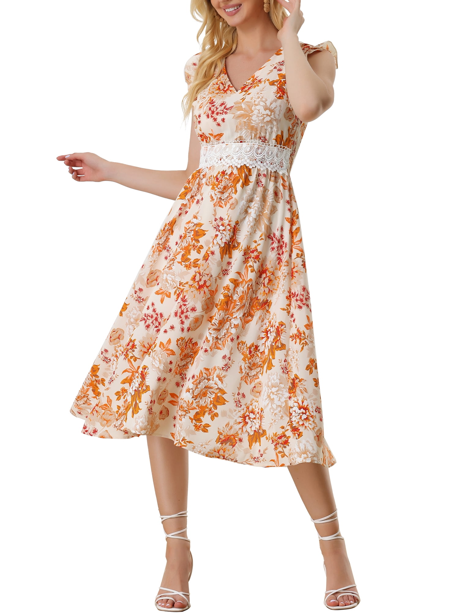 knee length dresses for ladies MissJophiel Halter V Neck Floral Chiffon Midi Dress Pink Floral Print / Above Knee / US16