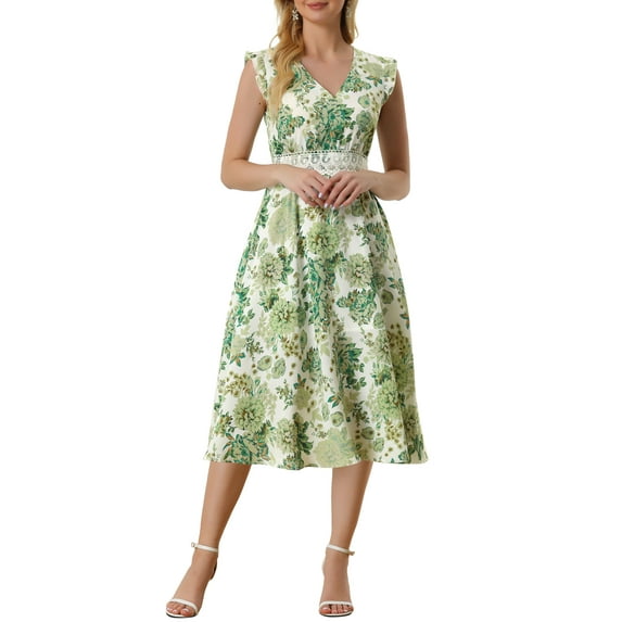 Juniors Summer Boho V Neck Lace Insert Waist Midi Floral Sundress