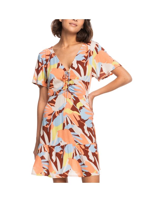 Juniors' Summer Flow Printed Drawstring-Front Dress Rustic Brown Floraldelic S