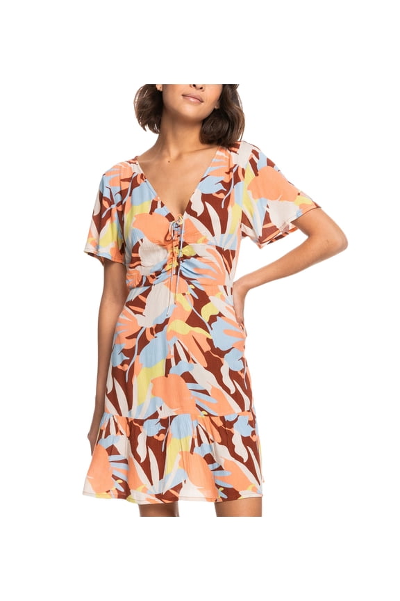 Juniors' Summer Flow Printed Drawstring-Front Dress Rustic Brown Floraldelic S