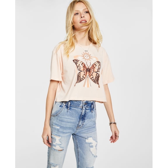 Juniors' Sun Butterfly Graphic Print T-Shirt Beige S