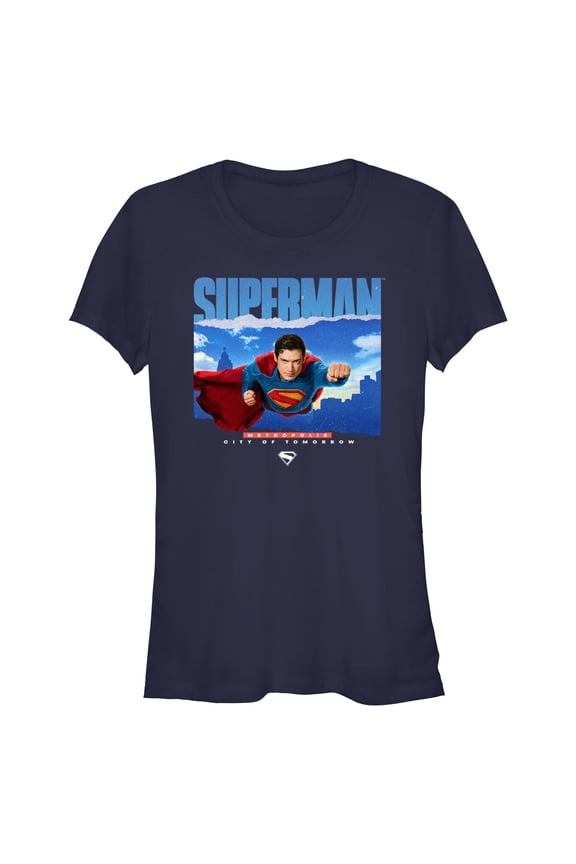 Juniors Superman Flying Over Metropolis T Shirt